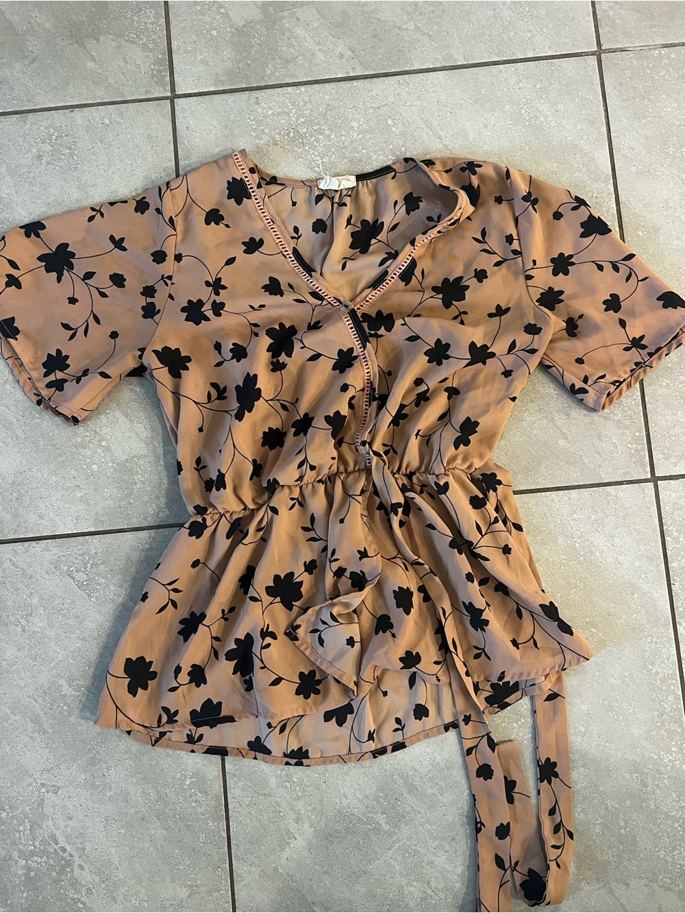 Sienna Sky Tie-Waist Floral Peplum Top in Dusty Rose and Black